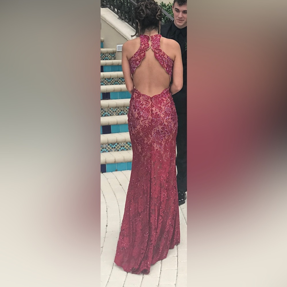 Red rhinestone & lace prom dress